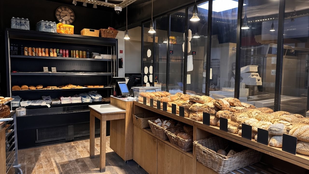 Le comptoir en chêne, les pains, et le fournil visible derrière la vitre.